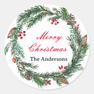 Pegatina Redonda Personalizado Floral Wreath Merry Christmas Family