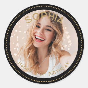 Pegatina Redonda Personalizado Foto Black Gold Modern 21st Birthday