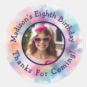 Pegatina Redonda Personalizado Foto Nombre Acuarela Cumpleaños Grac