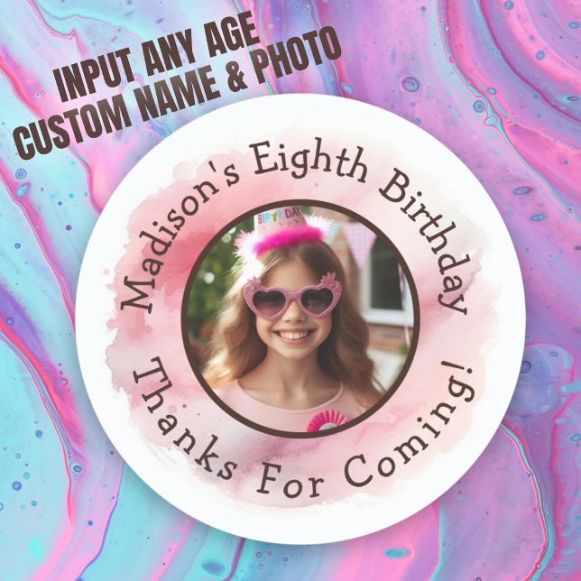 Pegatina Redonda Personalizado Foto Nombre Acuarela Cumpleaños Grac (Custom Photo Name Watercolor Birthday Thank You Classic Round Sticker)