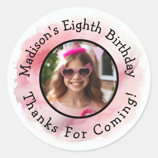 Pegatina Redonda Personalizado Foto Nombre Acuarela Cumpleaños Grac (Anverso)