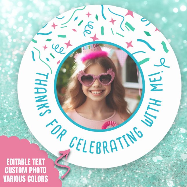 Pegatina Redonda Personalizado Foto Nombre Confetti Cumpleaños Grac (Custom Photo Name Confetti Birthday Thank You Classic Round Sticker.)