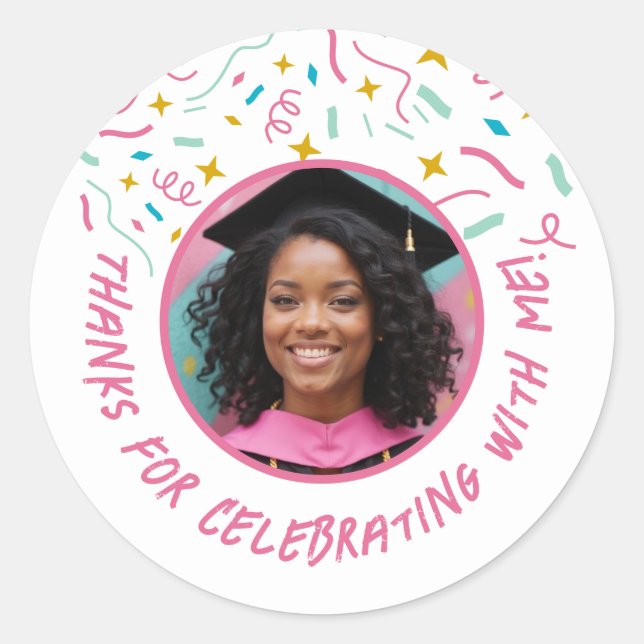 Pegatina Redonda Personalizado Foto Nombre Confetti Graduación Grac (Anverso)