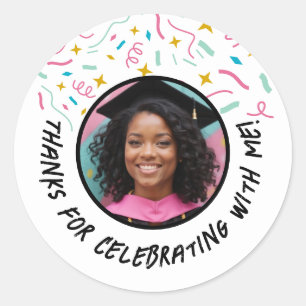 Pegatina Redonda Personalizado Foto Nombre Confetti Graduación Grac