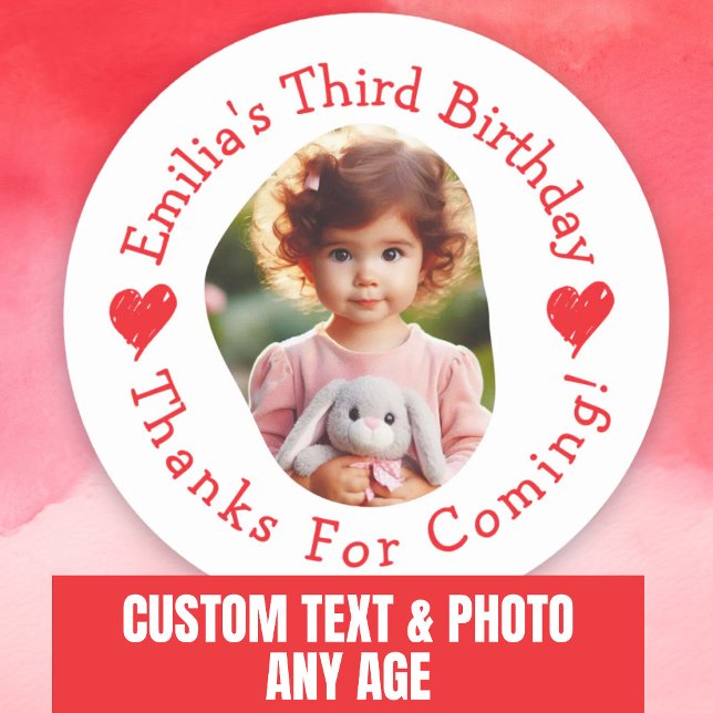 Pegatina Redonda Personalizado Foto Nombre Cumpleaños Gracias Por F (Custom Photo Name Birthday Thank You Favors Classic Round Sticker.)