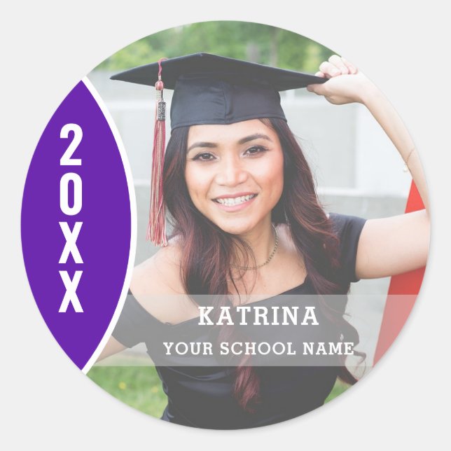 Pegatina Redonda Personalizado fotográfico de graduación morado y b (Anverso)