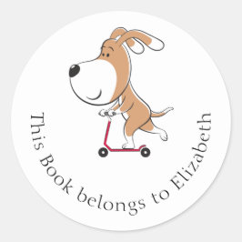 Pegatina Redonda Personalizado Funny Dog Puppy Kick Scooter Bookpla