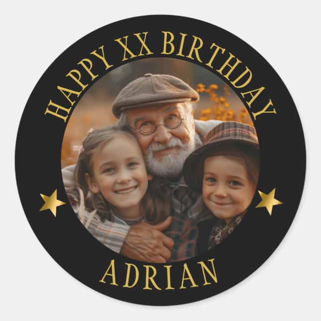 Pegatina Redonda Personalizado Gold Happy Birday Photo and Age Name (Anverso)