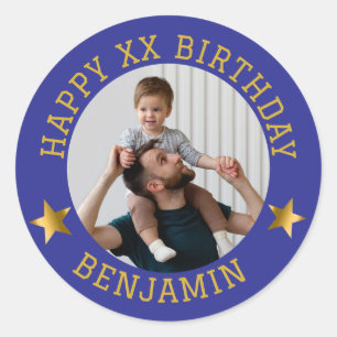 Pegatina Redonda Personalizado Gold Happy Birday Photo and Age Name