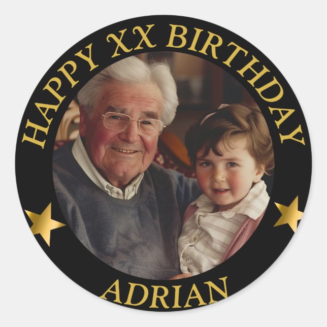 Pegatina Redonda Personalizado Gold Happy Birday Photo and Age Name (Anverso)