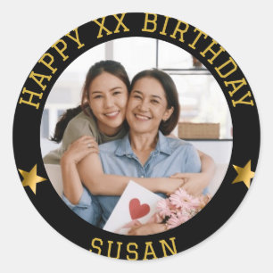 Pegatina Redonda Personalizado Gold Happy Birday Photo and Age Name