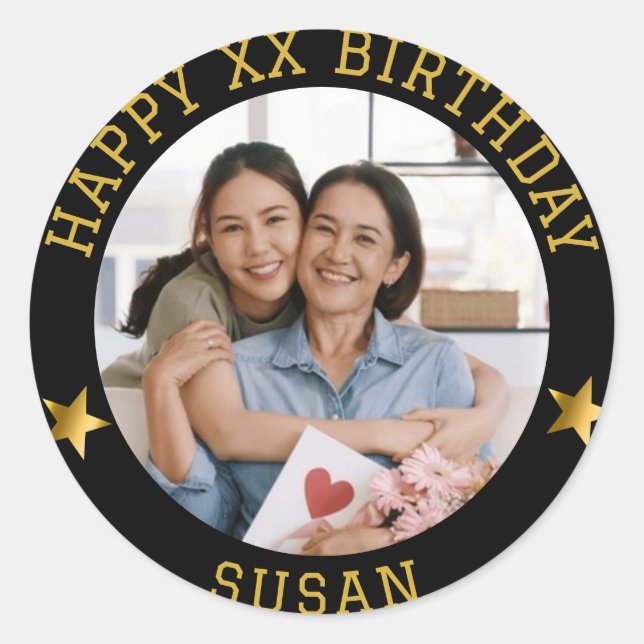 Pegatina Redonda Personalizado Gold Happy Birday Photo and Age Name (Anverso)