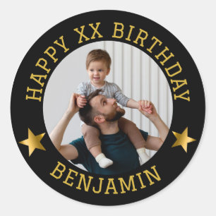 Pegatina Redonda Personalizado Gold Happy Birday Photo and Age Name