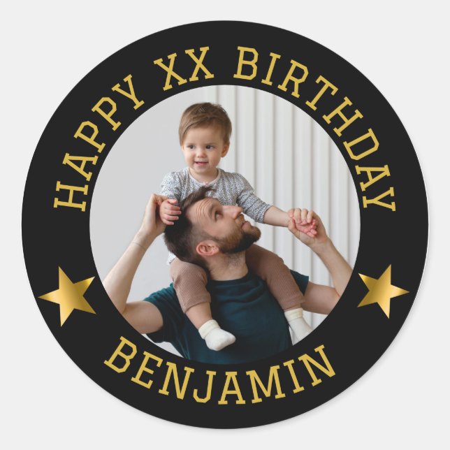 Pegatina Redonda Personalizado Gold Happy Birday Photo and Age Name (Anverso)