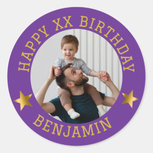 Pegatina Redonda Personalizado Gold Happy Birday Photo and Age Name