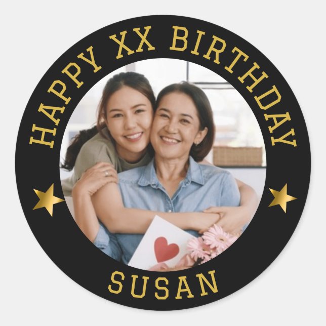 Pegatina Redonda Personalizado Gold Happy Birday Photo and Age Name (Anverso)