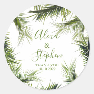 Pegatina Redonda Personalizado Gracias Palm Leaves Boda Tropical