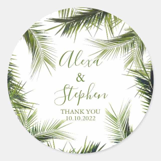 Pegatina Redonda Personalizado Gracias Palm Leaves Boda Tropical (Anverso)
