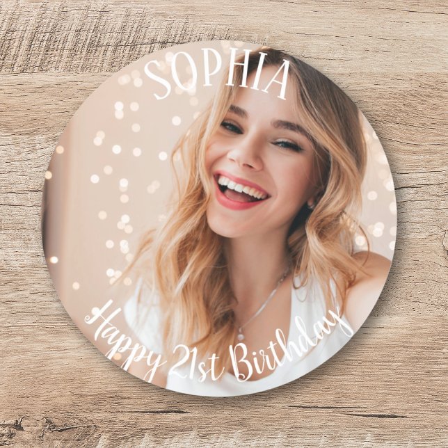 Pegatina Redonda Personalizado Gracias Simple Y Moderna Foto De Cum (Custom Thank You Simple Modern 21st Birthday Photo Classic Round Sticker
)