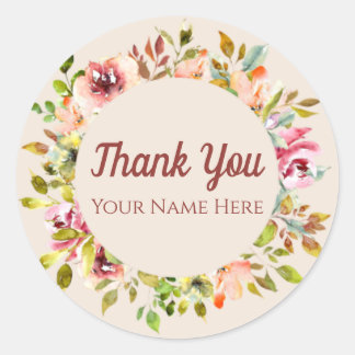 Pegatina Redonda Personalizado Gracias Tipografía Con Flor De Acuar