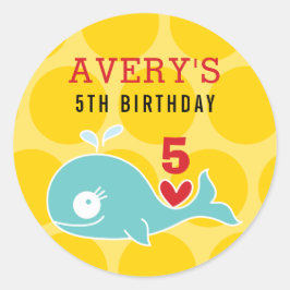 Pegatina Redonda Personalizado Green Whale Red Heart Kid Fiesta de 