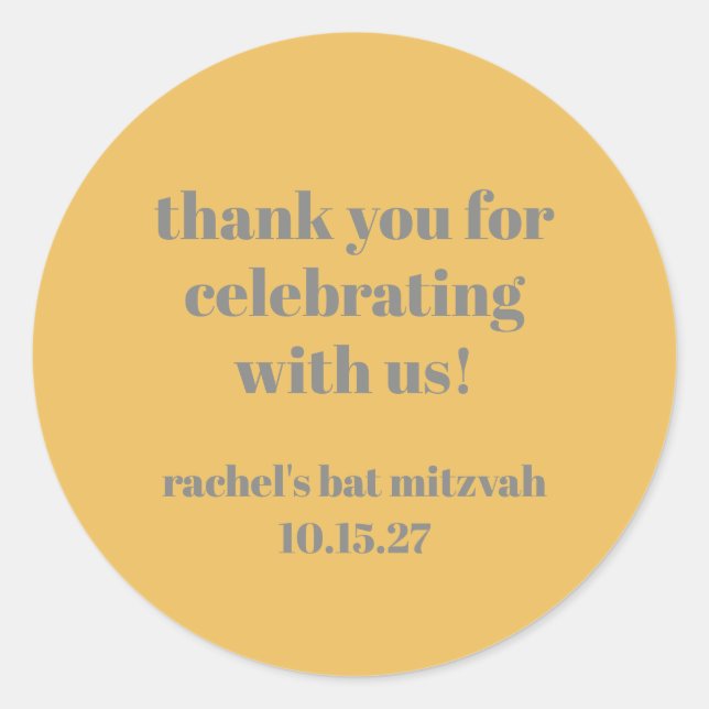 Pegatina Redonda Personalizado Gris Amarillo Negrita Cute Bat Mitzv (Anverso)