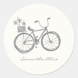Pegatina Redonda Personalizado Gris Lilac Ilustracion de bicicleta 