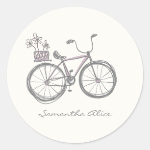 Pegatina Redonda Personalizado Gris Lilac Ilustracion de bicicleta 