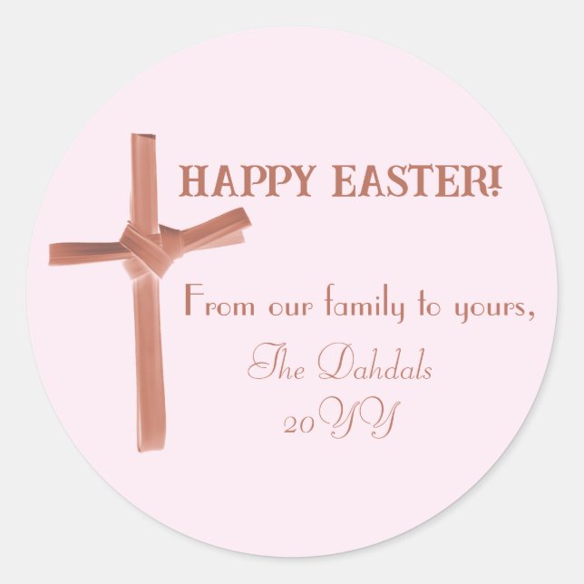 Pegatina Redonda Personalizado Happy Easter Palm Cross Family Pink (Anverso)
