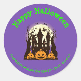 Pegatina Redonda Personalizado Happy Halloween Haunted House