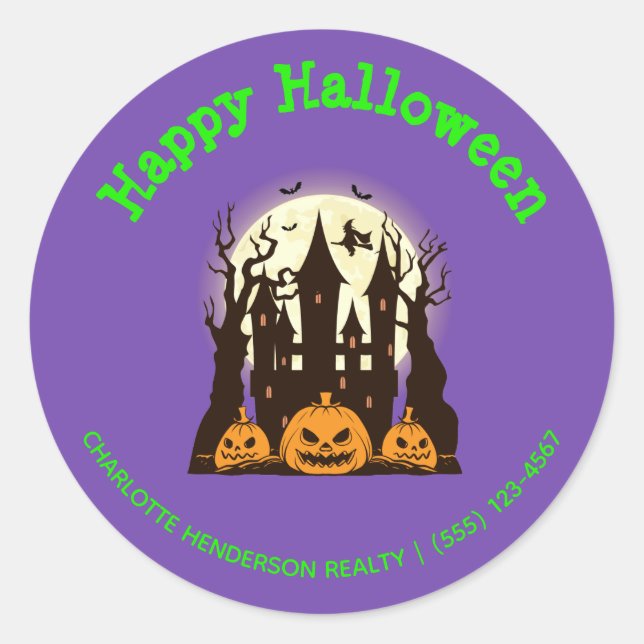 Pegatina Redonda Personalizado Happy Halloween Haunted House (Anverso)