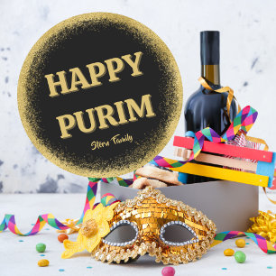 Pegatina Redonda Personalizado Happy Purim Classic Gold Purpurina