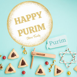 Pegatina Redonda Personalizado Happy Purim Gold Purpurina Elegant