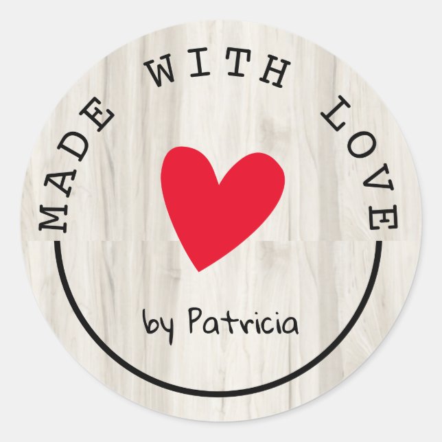 Pegatina Redonda Personalizado Hecho con Amor Cálido Cálido Madera  (Anverso)