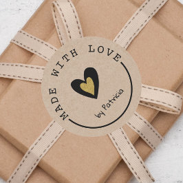 Pegatina Redonda Personalizado Hecho Con Love Gold Heart Kraft