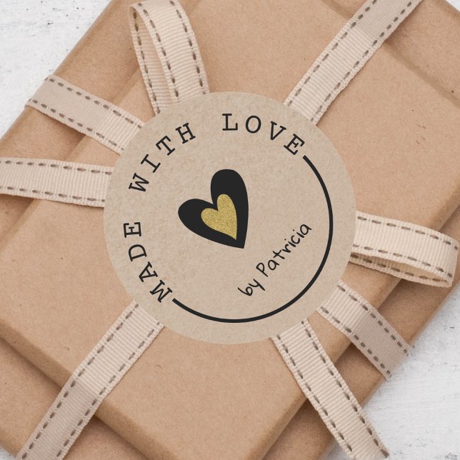 Pegatina Redonda Personalizado Hecho Con Love Gold Heart Kraft (Subido por el creador)