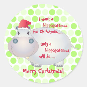 Pegatina Redonda Personalizado Hippopótamo Navidades de Hippo Navid