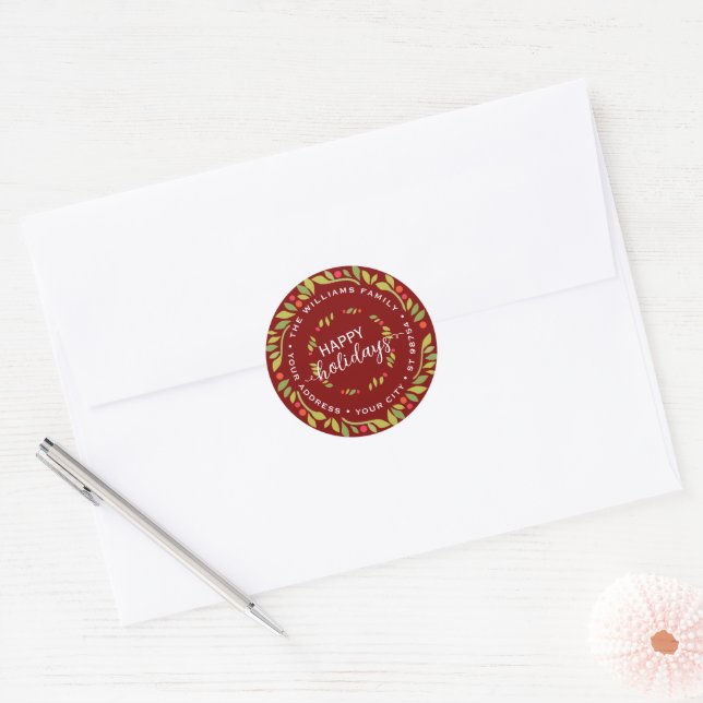 Pegatina Redonda Personalizado Holly rojo oscuro Berries Lanza verd (Sobre)