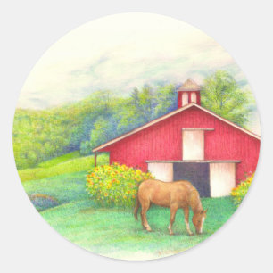 Pegatina Redonda Personalizado ilustrado del caballo y del girasol