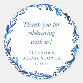 Pegatina Redonda Personalizado Indigo Blue Ink Botanical Bridal Sho