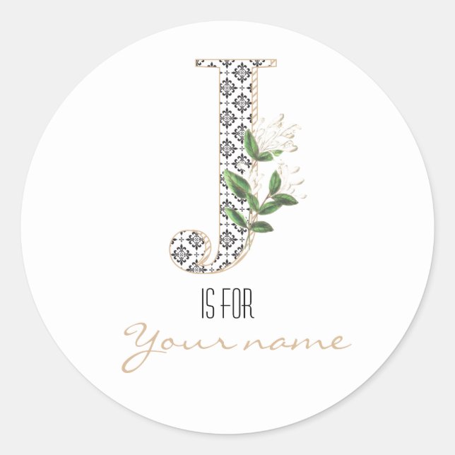 Pegatina Redonda Personalizado J Nombre Flor Floral Carta Clásica J (Anverso)