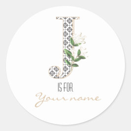 Pegatina Redonda Personalizado J Nombre Flor Floral Carta Clásica J