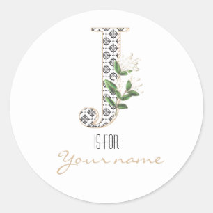 Pegatina Redonda Personalizado J Nombre Flor Floral Carta clásica J