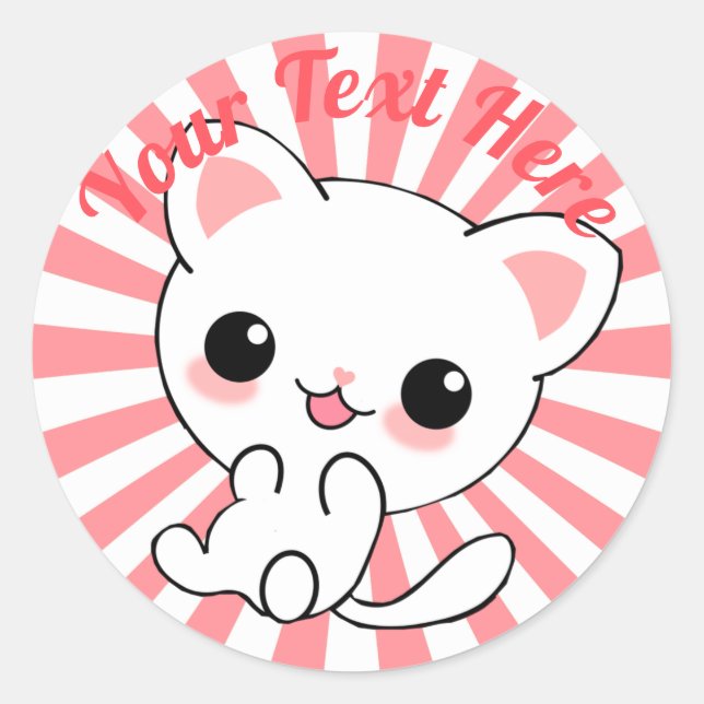 Pegatina Redonda Personalizado Kawaii White Kitten (Anverso)