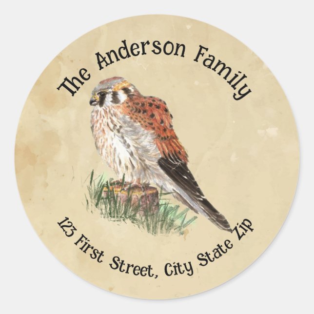 Pegatina Redonda Personalizado Kestrel Falcon Sparrow Hawk Bird Nat (Anverso)