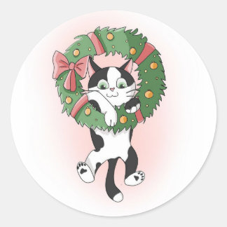 Pegatina Redonda Personalizado Kitty, Navidades cuelgan
