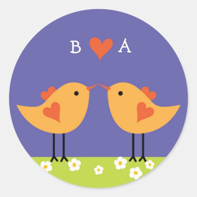 Pegatina Redonda Personalizado lindo Boda de Aves Amores (Noche) (Anverso)