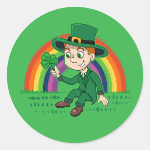 Pegatina Redonda Personalizado lindo leprechaun con shamrock y arco