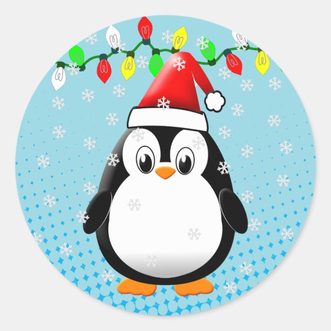 Pegatina Redonda Personalizado lindo Navidades de pingüino de Santa