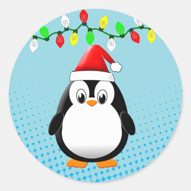 Pegatina Redonda Personalizado lindo Navidades de pingüino de Santa (Anverso)